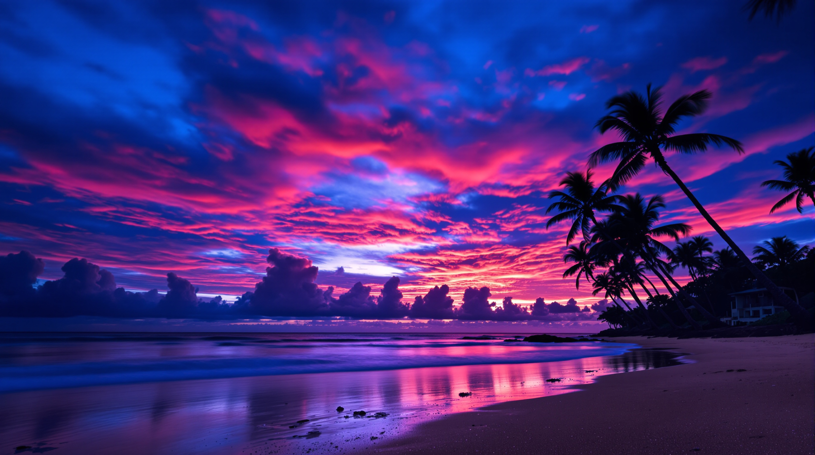 Crimson afterglow over a Kauai beach during blue hour
