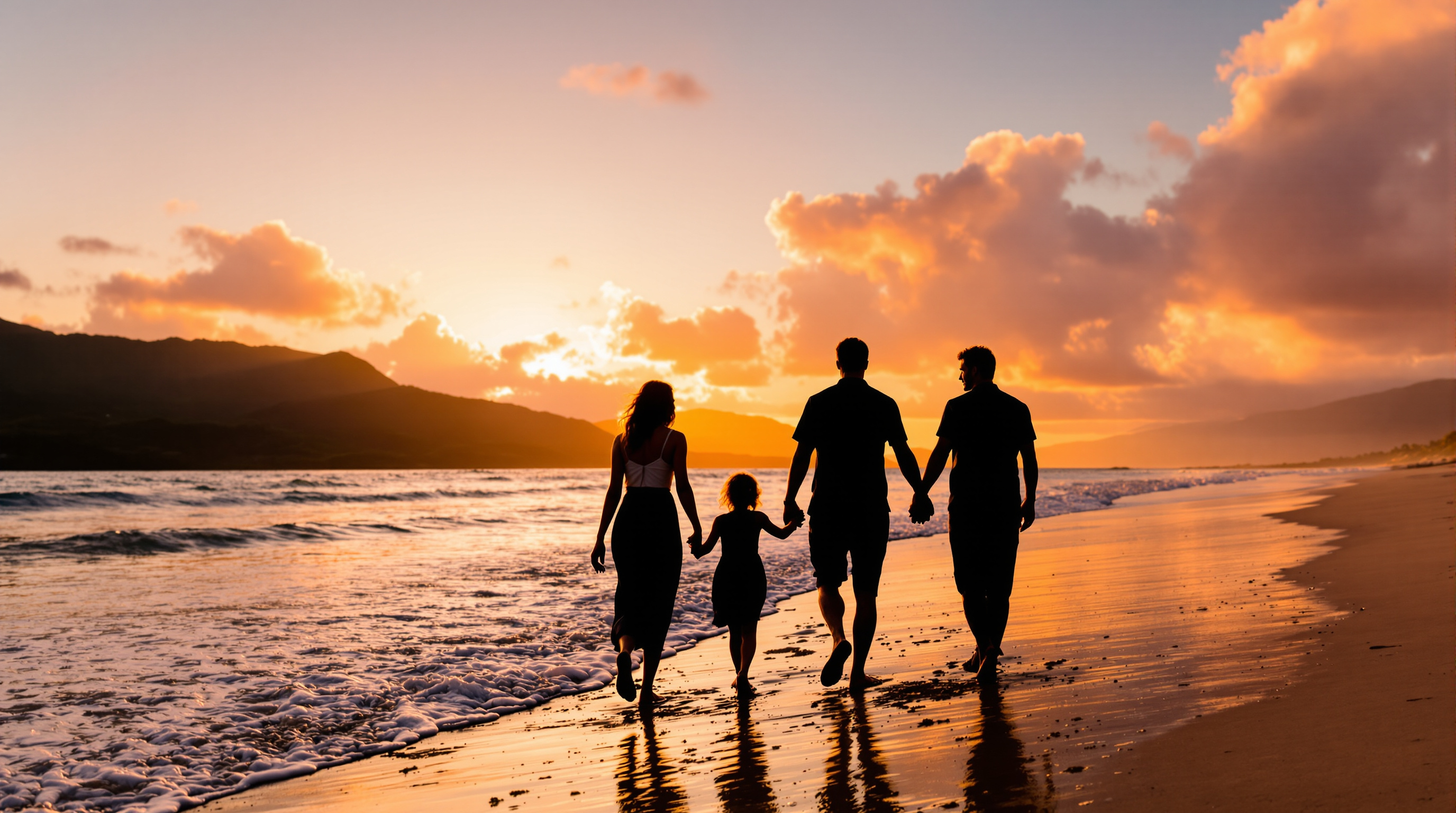 Family walking hand in hand on a Kauai beach at golden hour