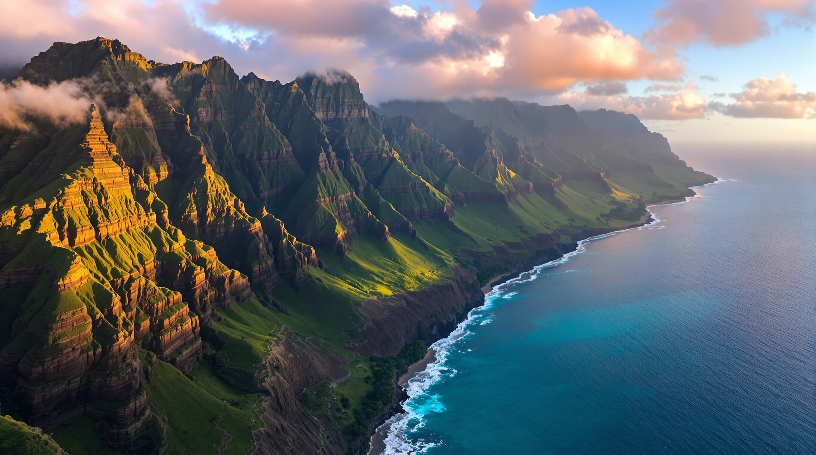 Aerial view of the Na Pali coast sea cliffs on Kauai at golden hour