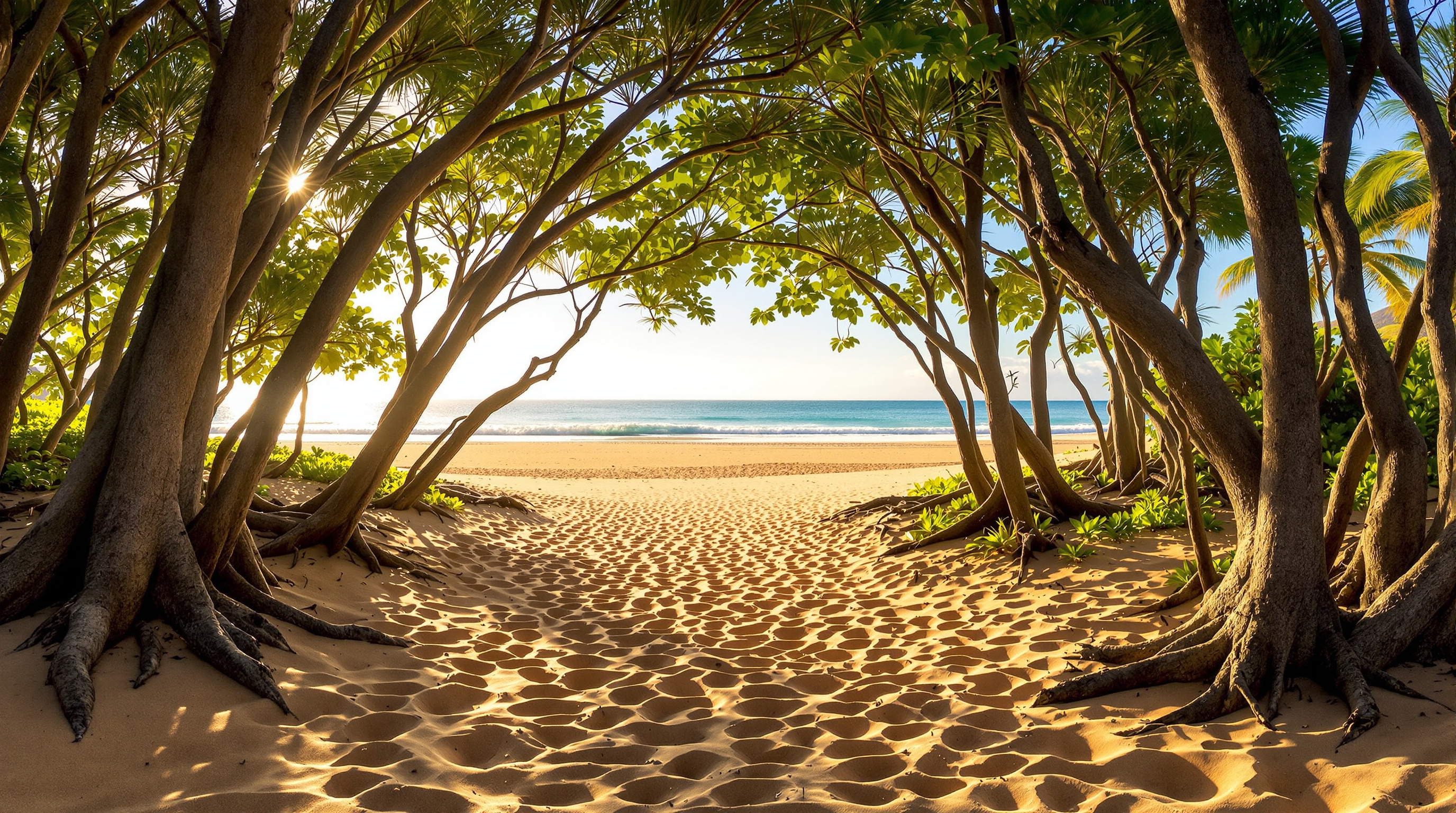 Sandy path through ironwood trees leading to a Kauai beach