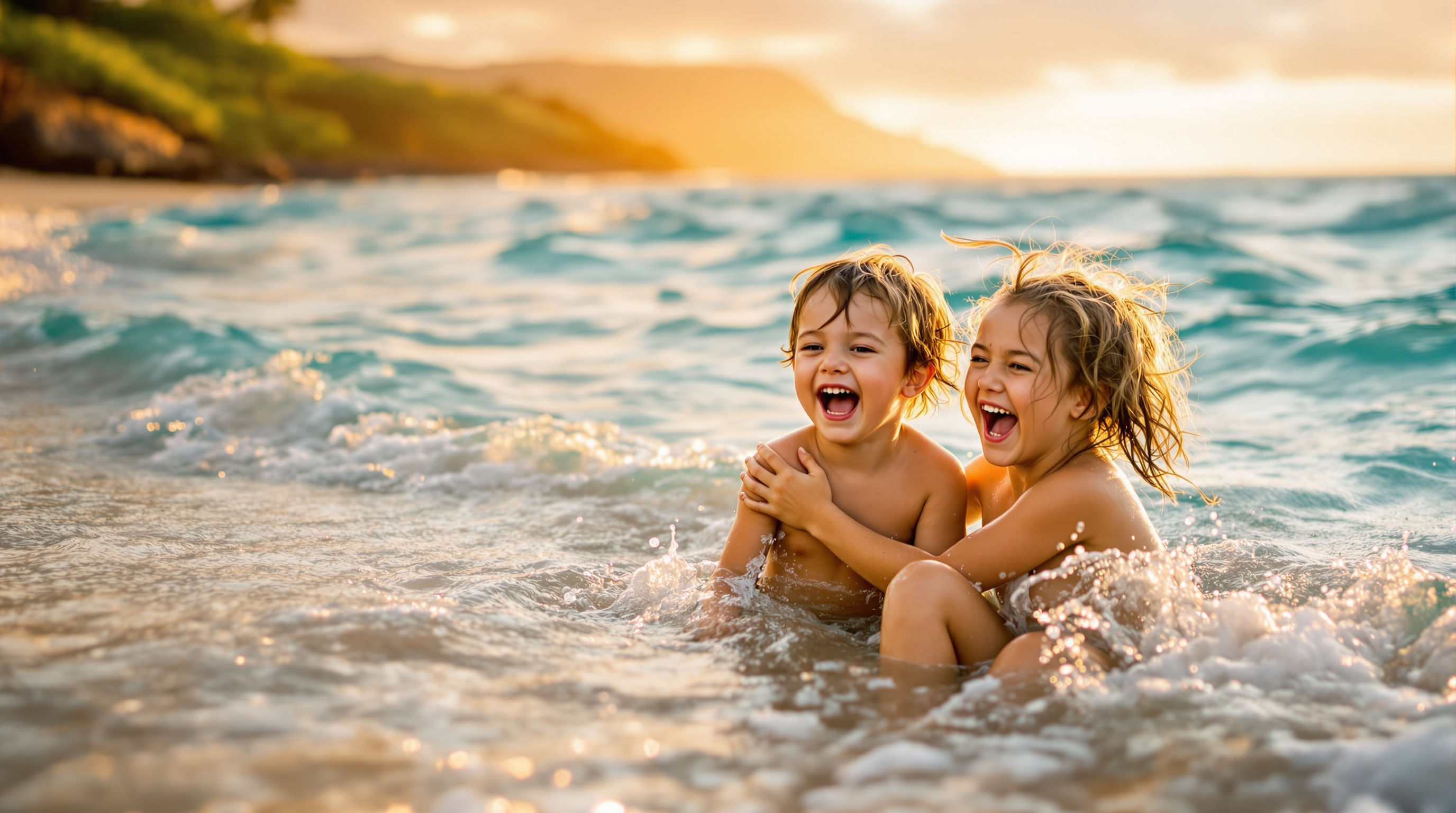 Children laughing and playing in the shallows of a Kauai beach