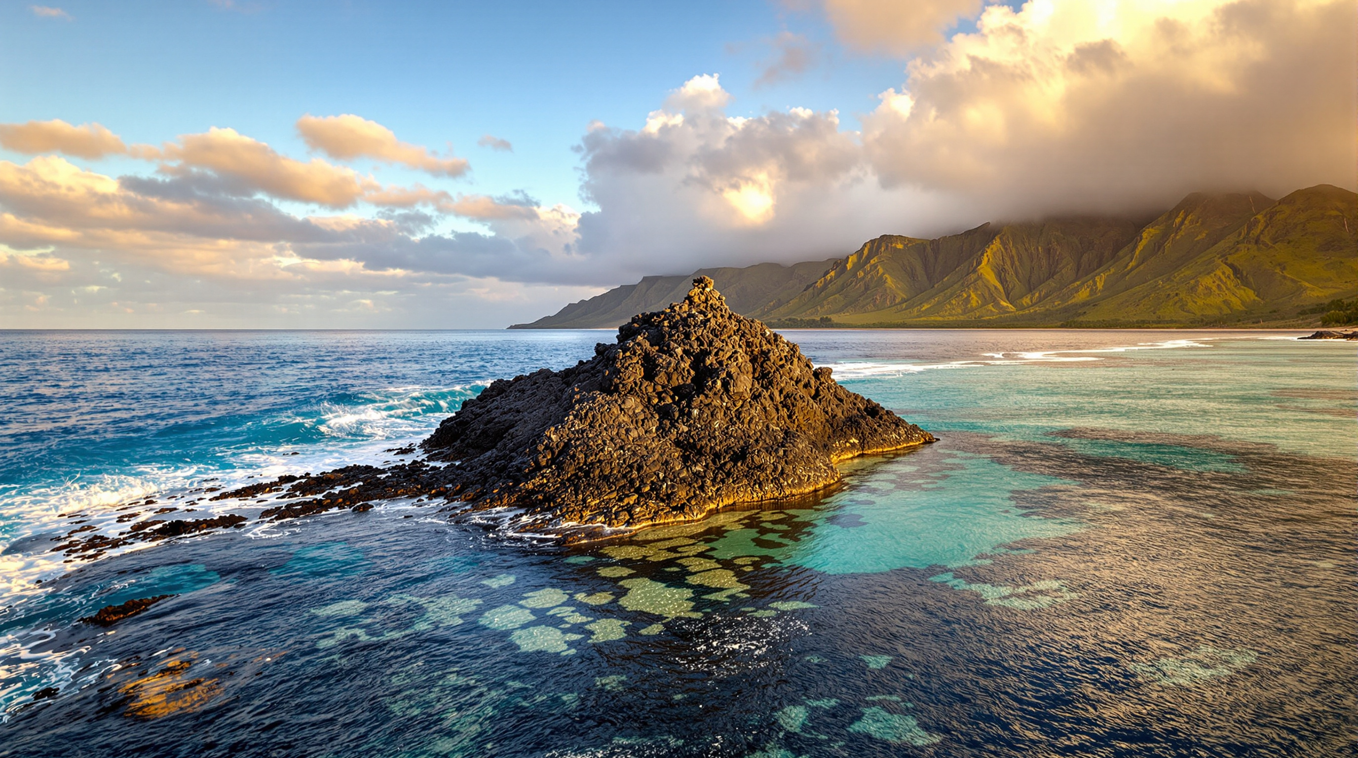 Lava rock point in the calm turquoise lagoon at Anini on Kauai