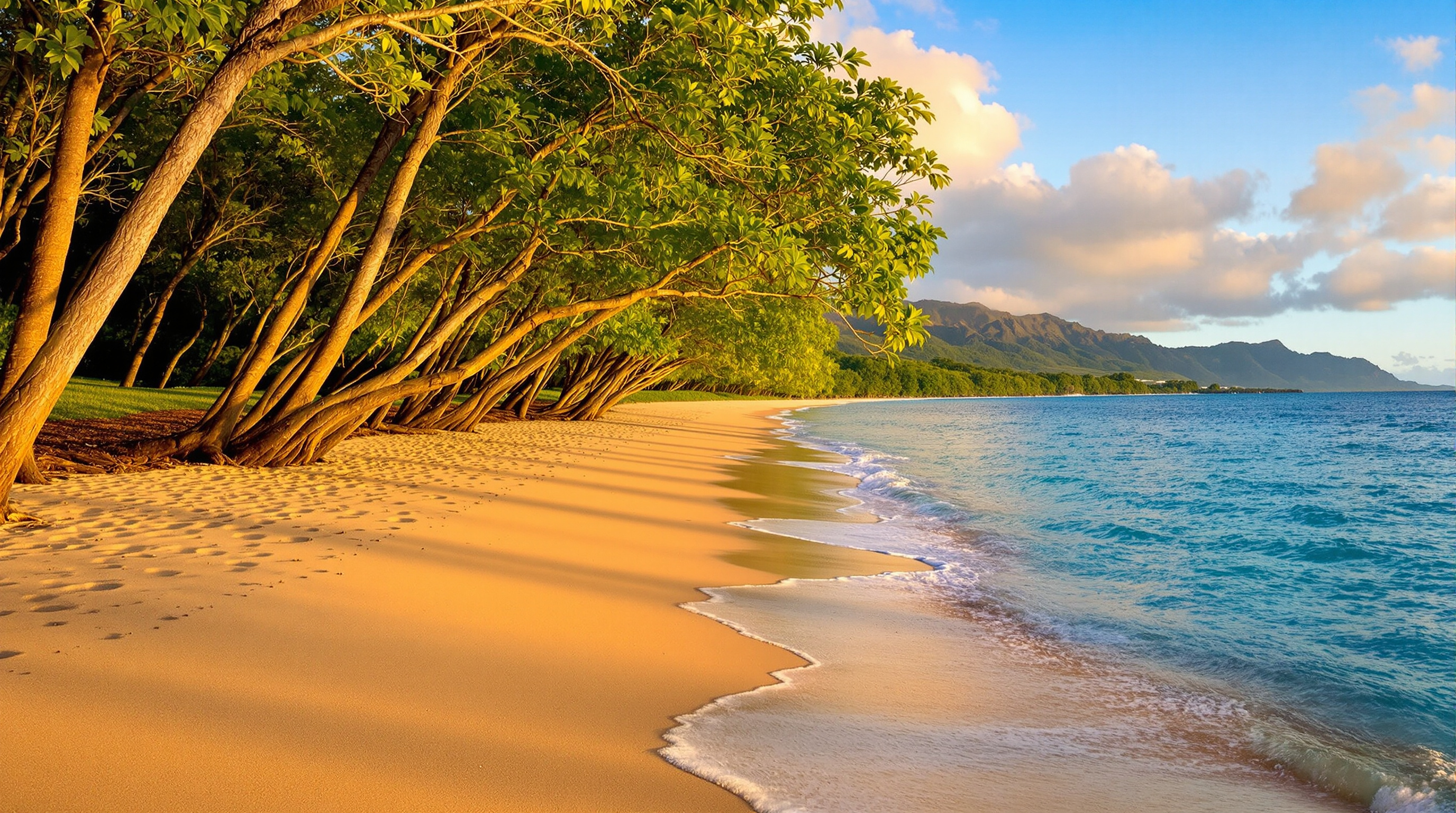 Ironwood trees leaning over the quiet sand at the end of Anini Road