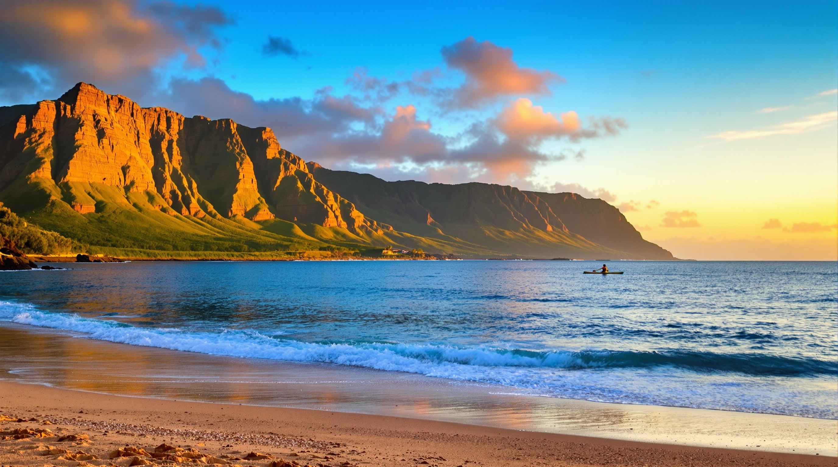 Calm Kalapaki Bay at dusk with glowing cliffs across the harbor