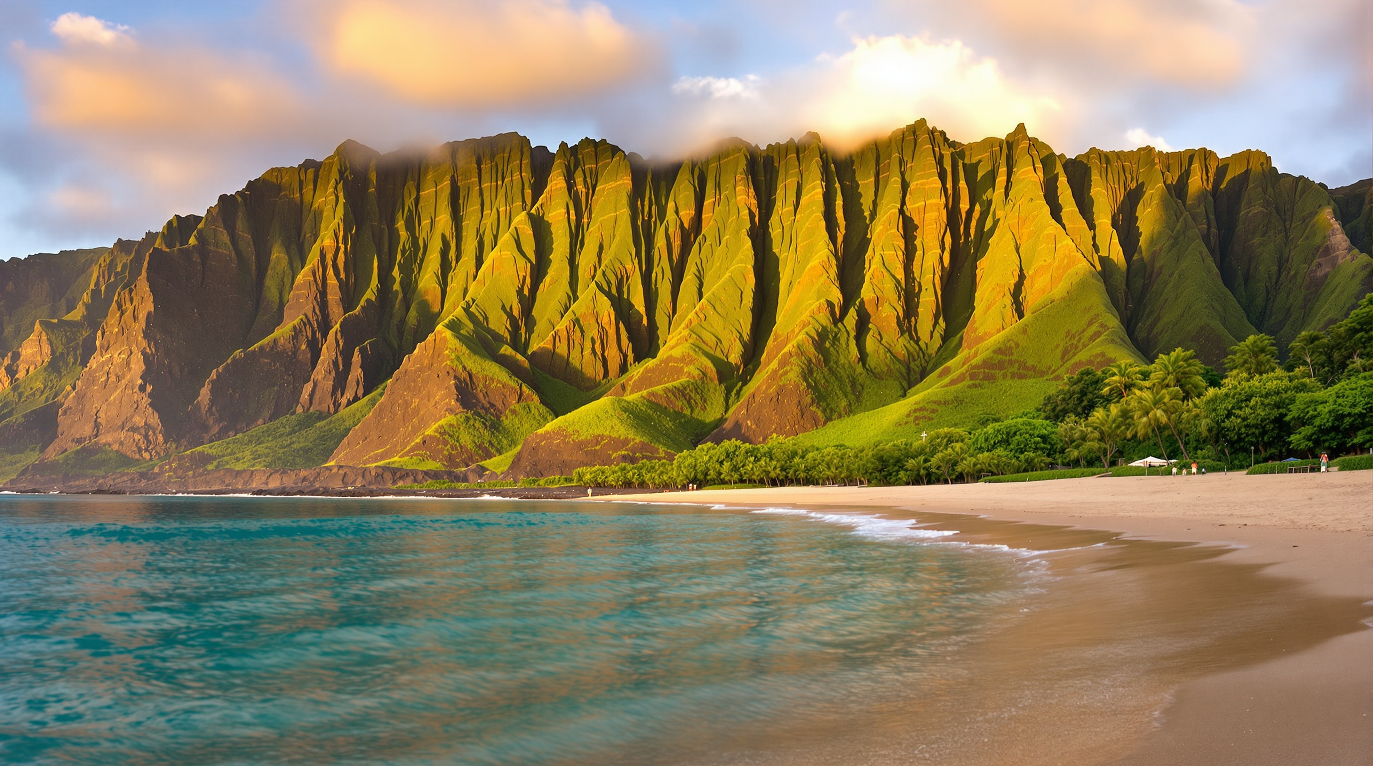 Ke'e Beach lagoon beneath the Na Pali cliffs at golden hour