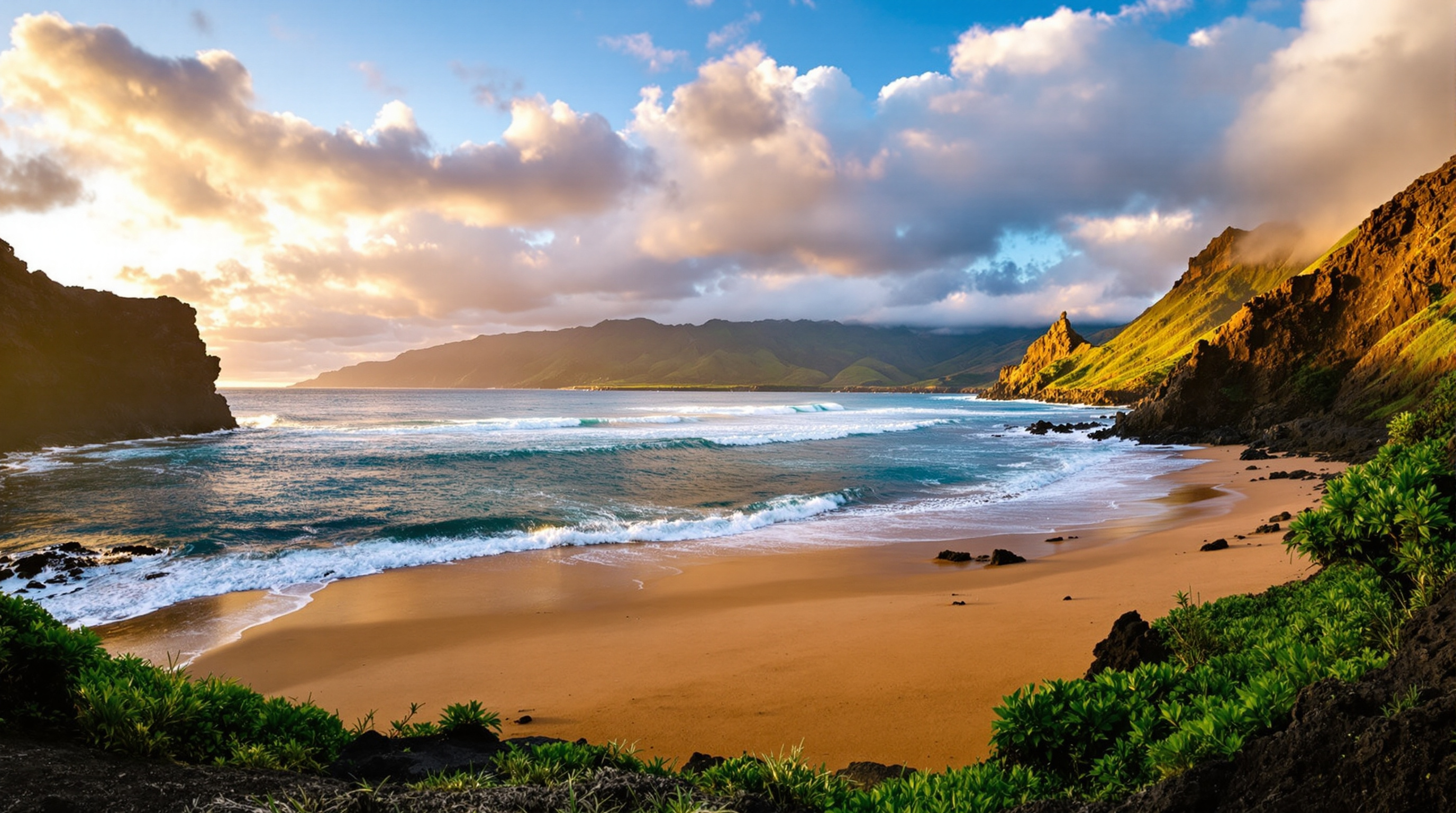 Vast empty sweep of Lumahai Beach between lava headlands