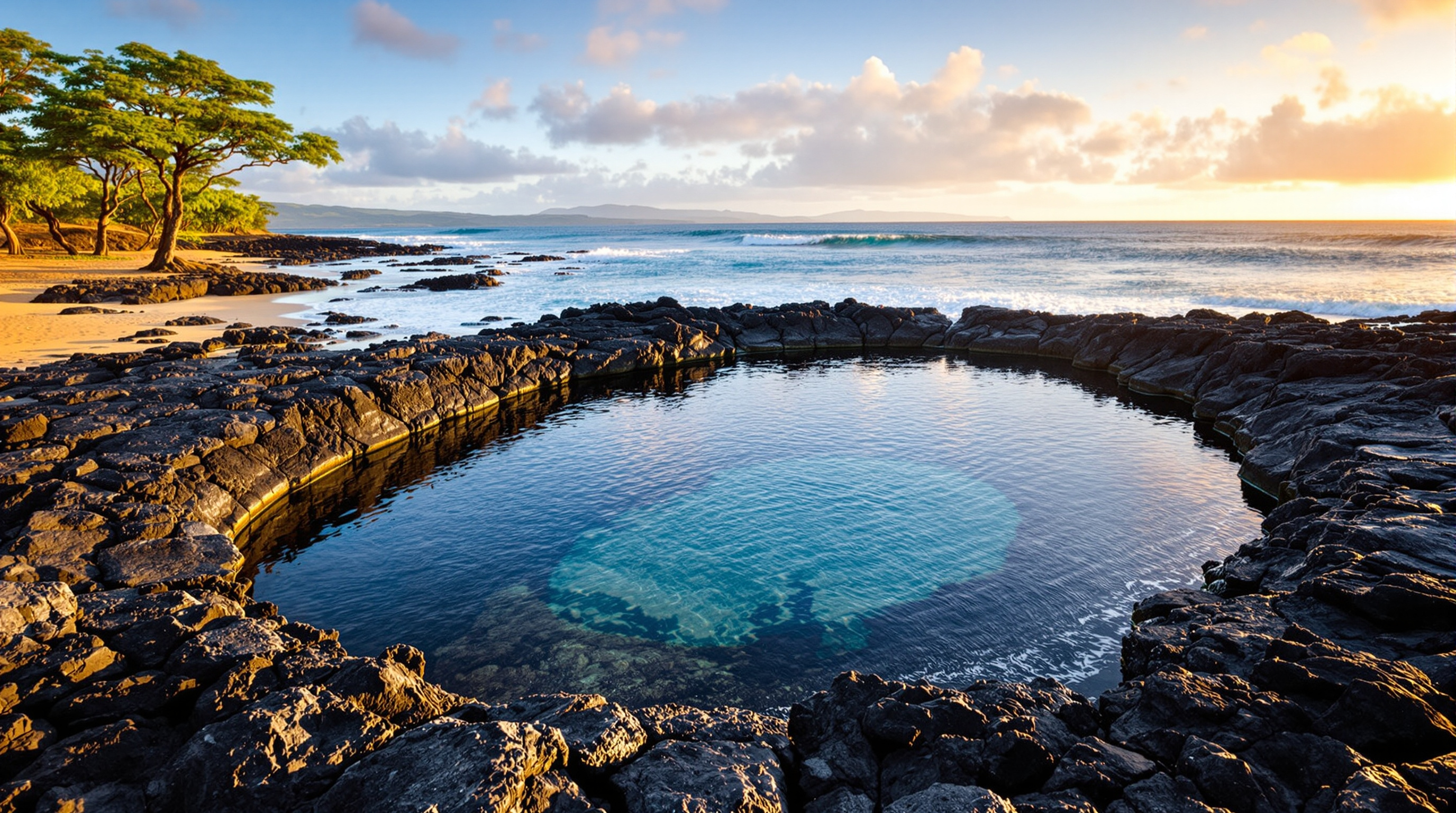 Calm rock-rimmed swimming pond at Lydgate Park in morning light
