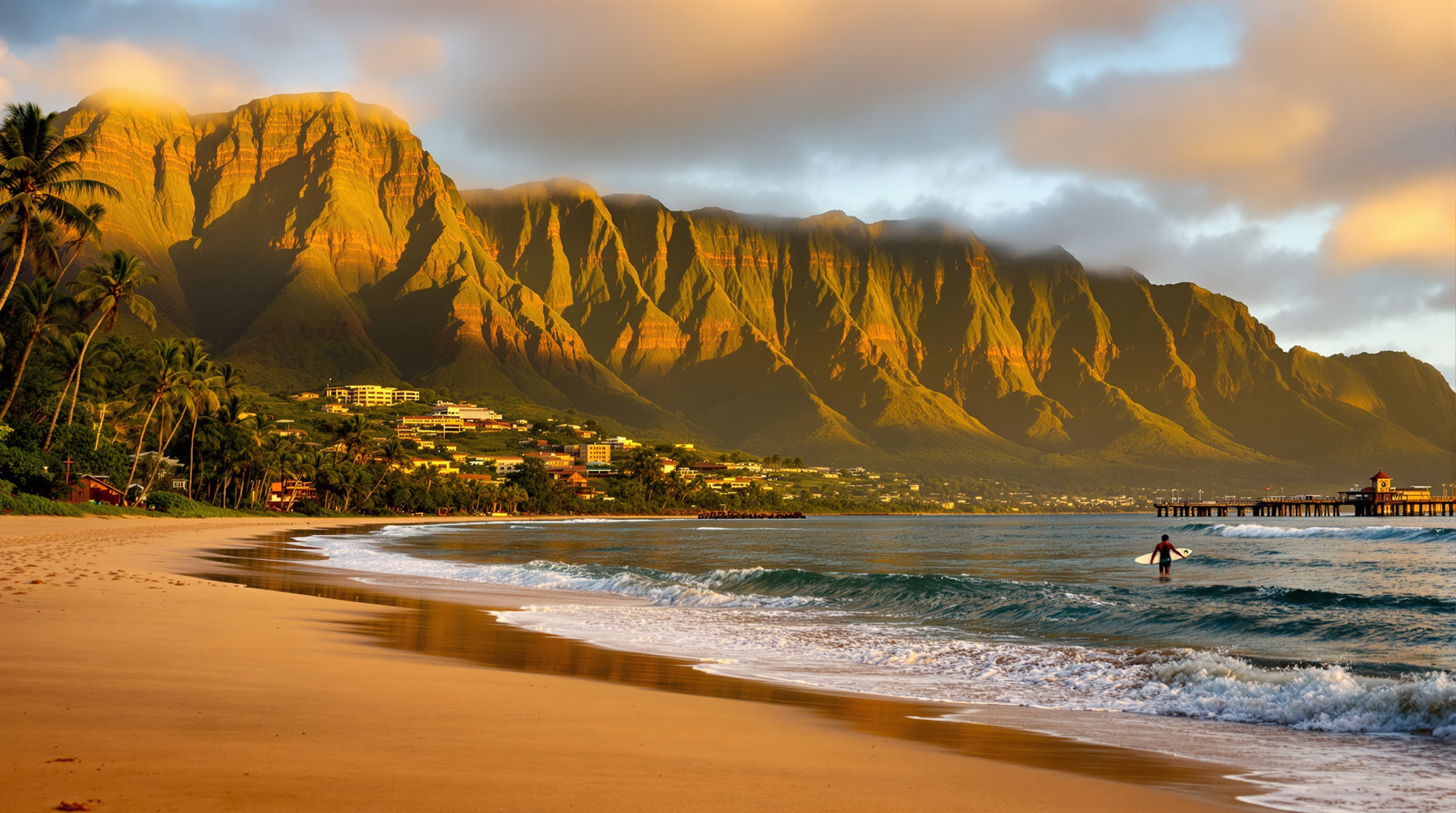 Ironwood-lined sand at Pine Trees with the Hanalei mountains behind