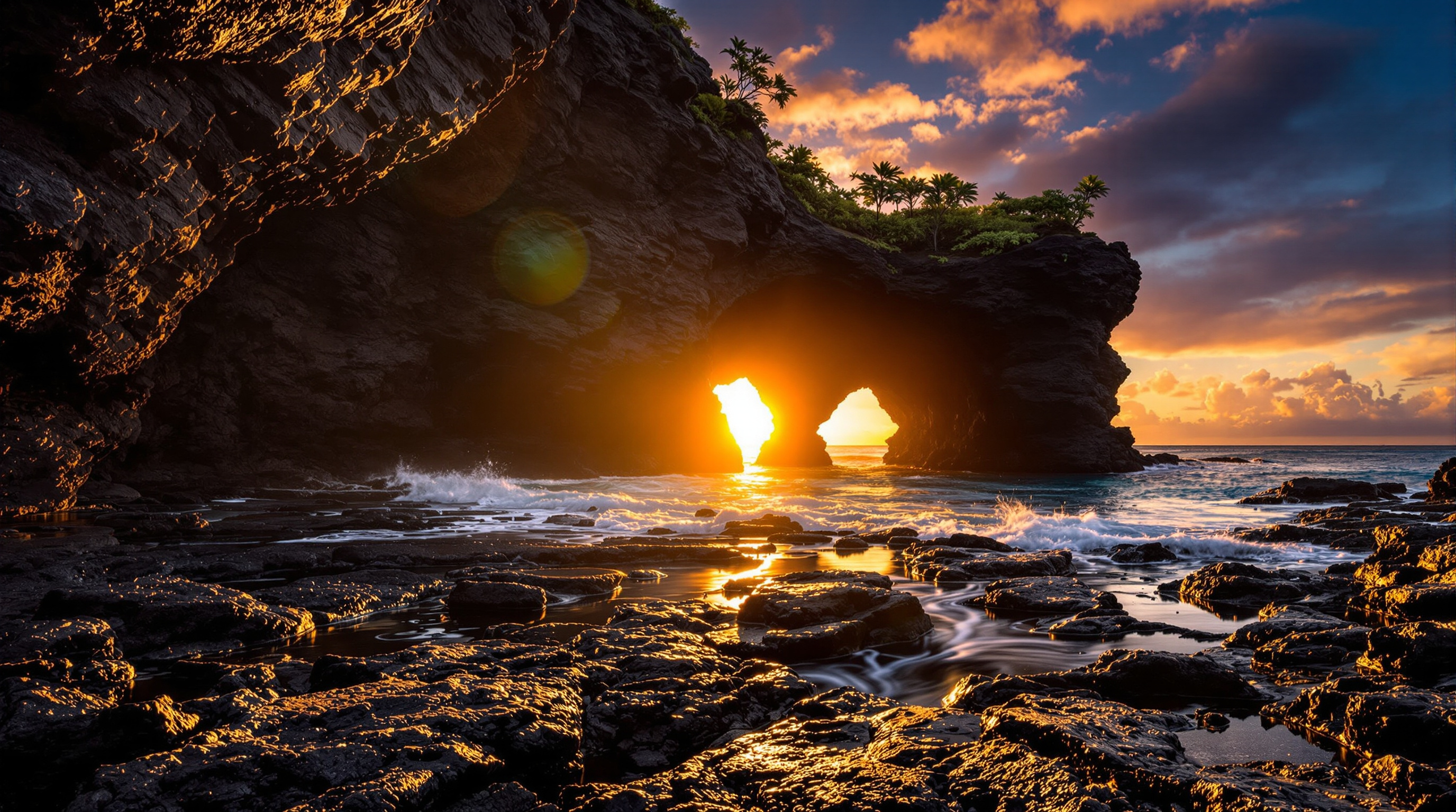 Sunset glowing through the natural lava arch near Poipu