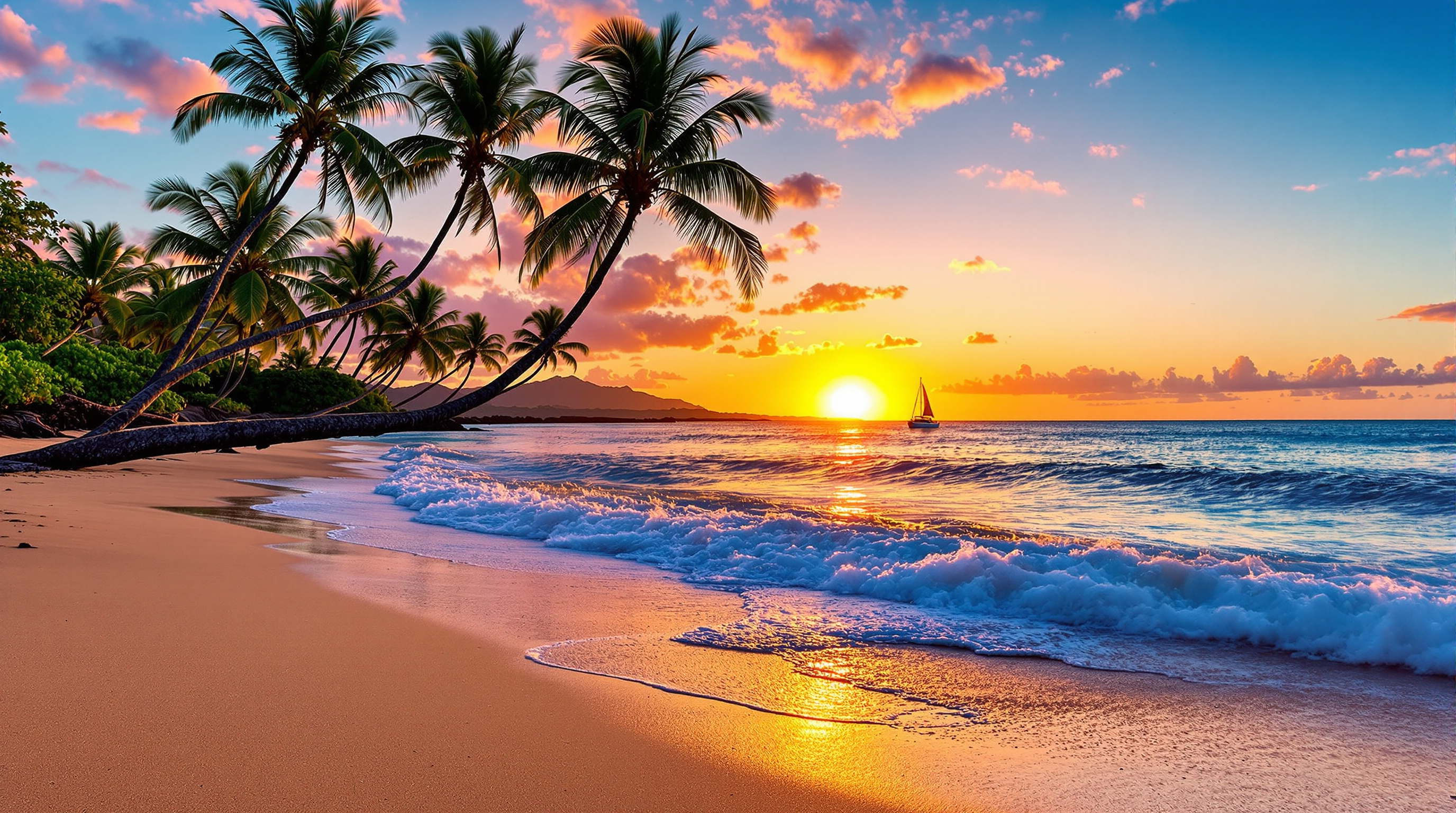Winter sunset into the ocean at Kiahuna Beach with palm silhouettes