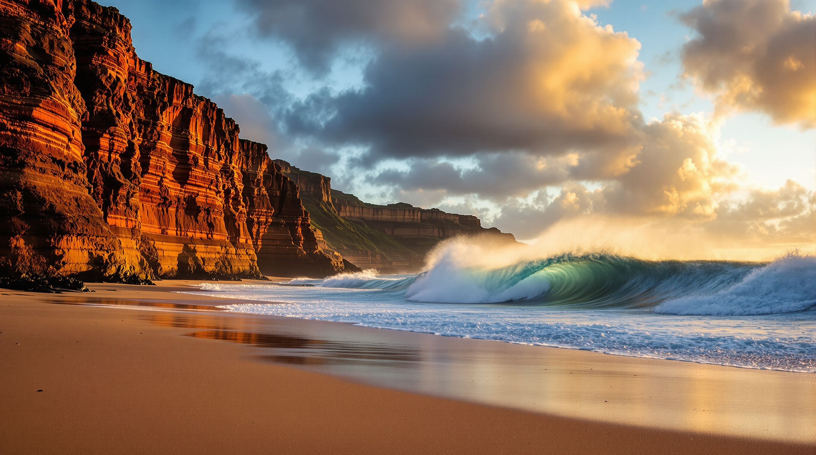 Golden sandstone cliff and shorebreak at Shipwrecks Beach