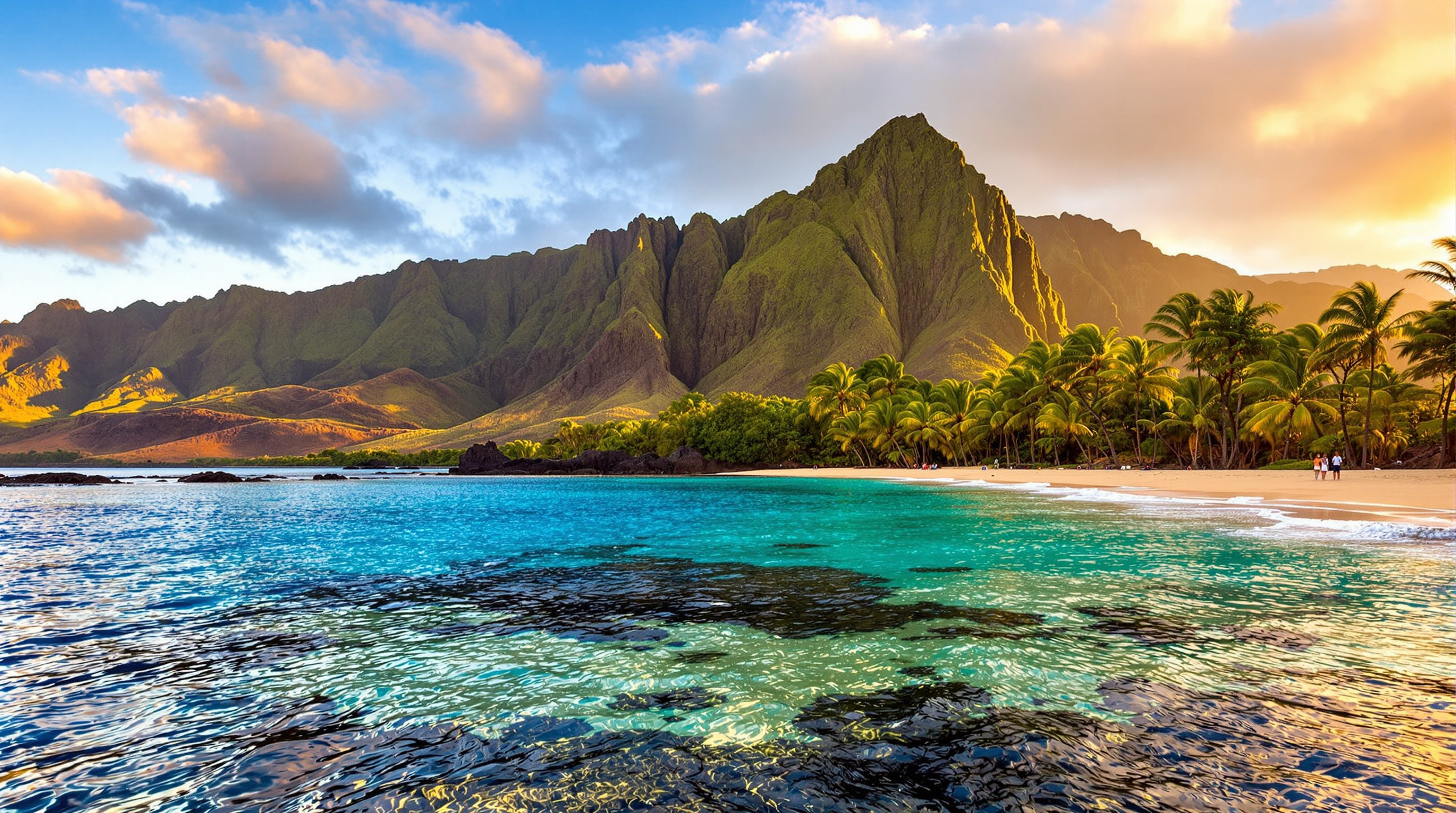Tunnels Beach lagoon with Makana mountain behind at golden hour