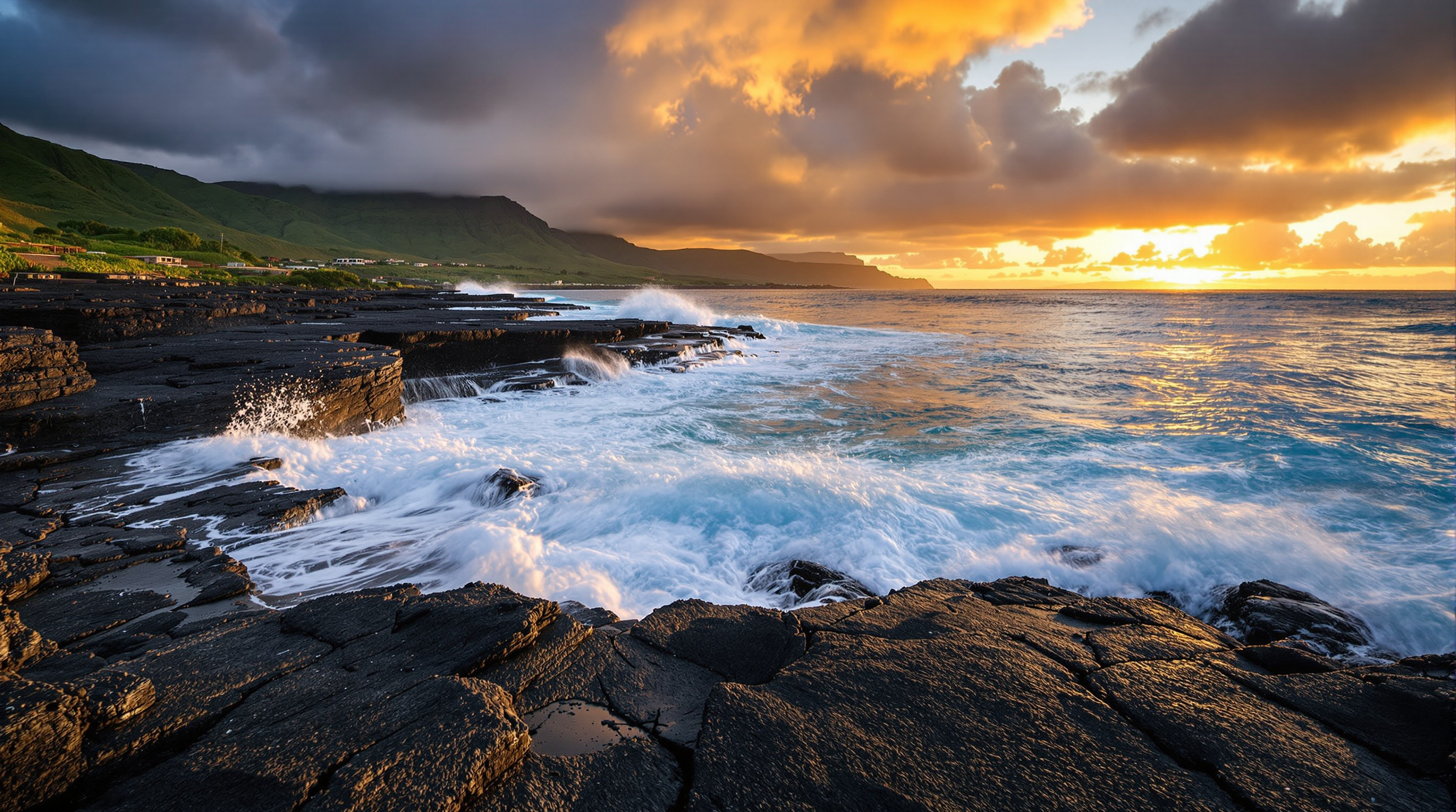 Lava shelf at Tunnels Point with surf and coastline view at sunset