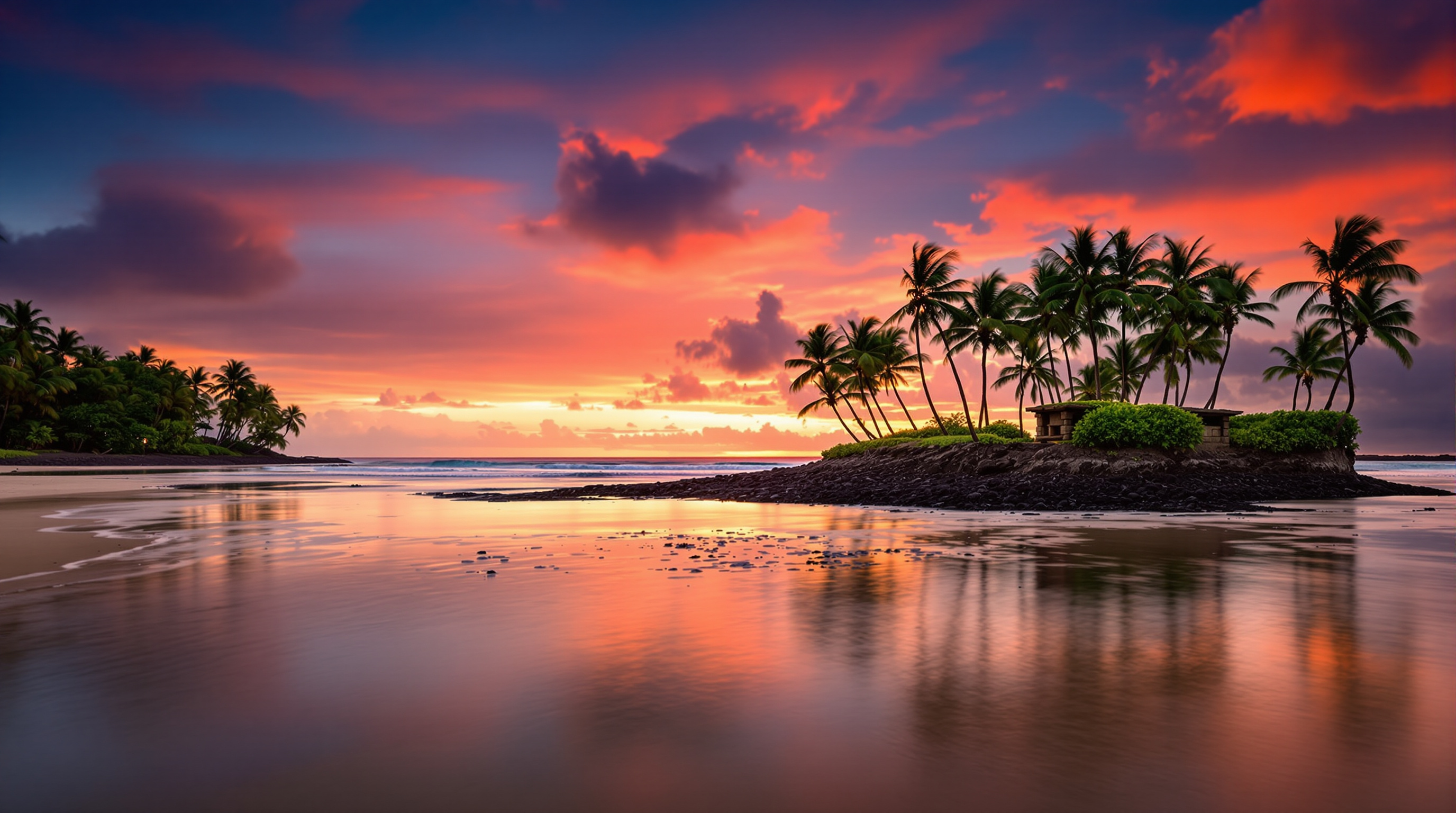 Sunrise reflected in the calm Wailua River mouth beside the sea