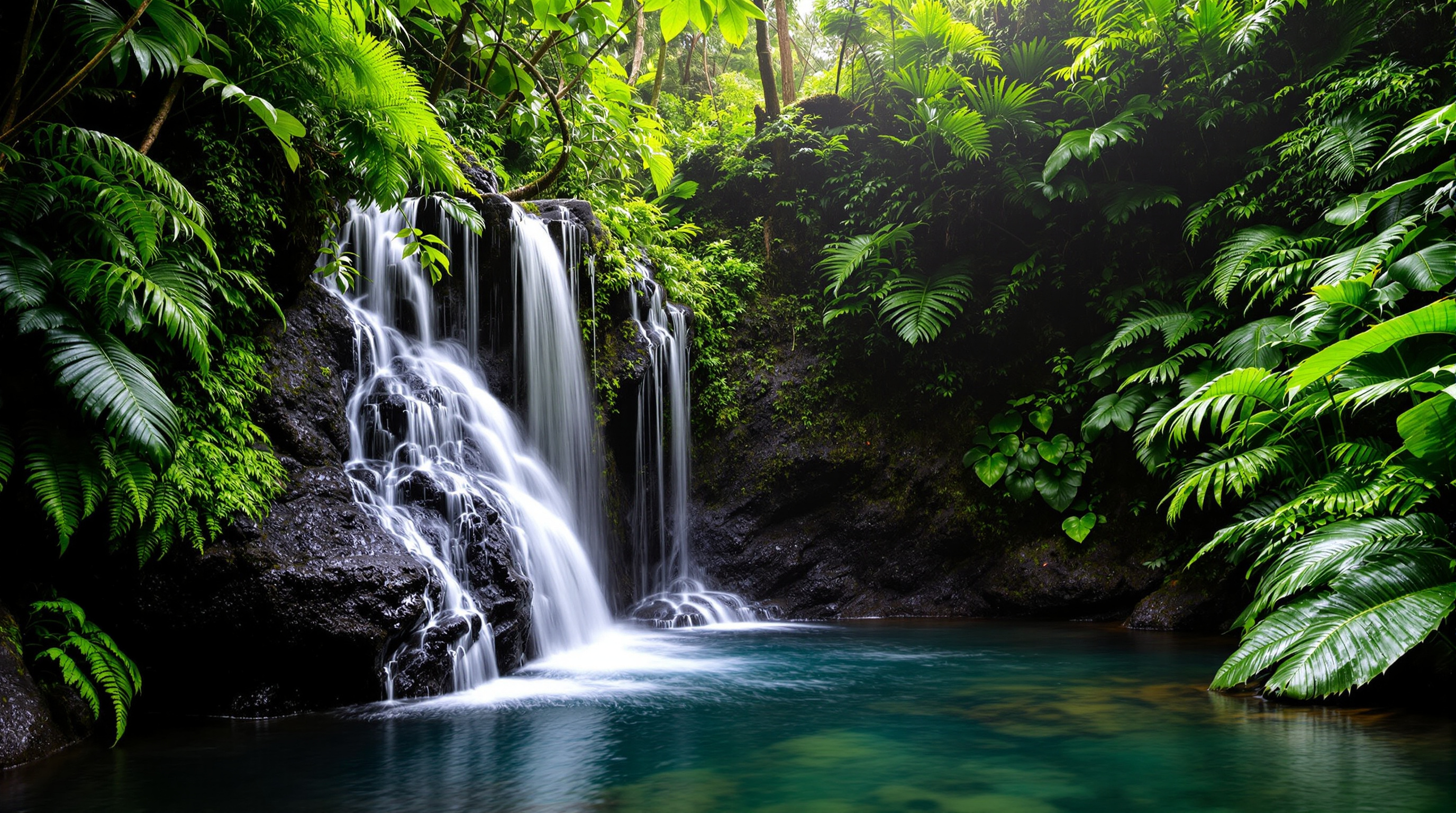 Tropical waterfall and ferns in a shaded Kauai stream gully