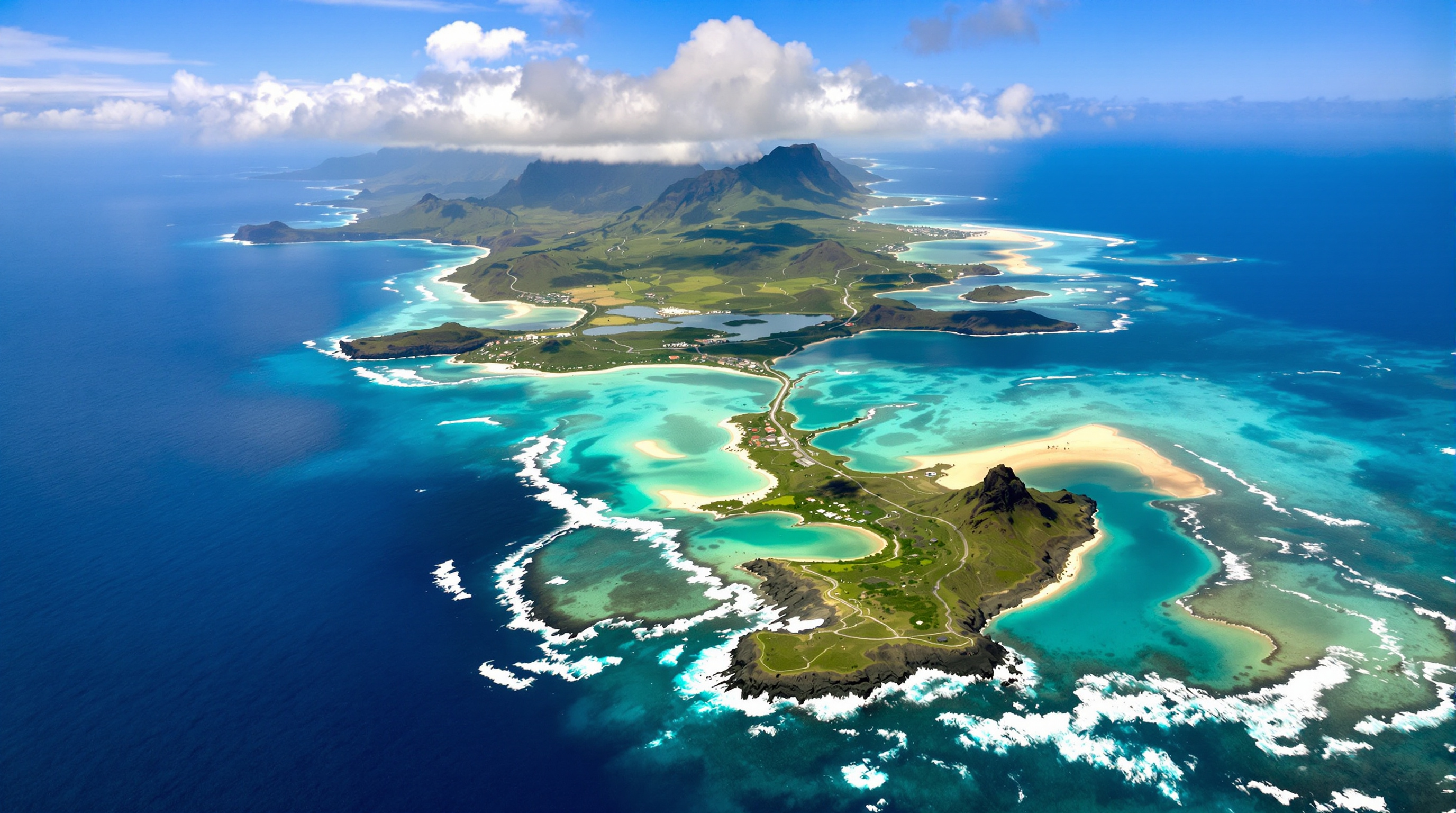 Aerial view of Kauai coastline with beaches and reef lagoons