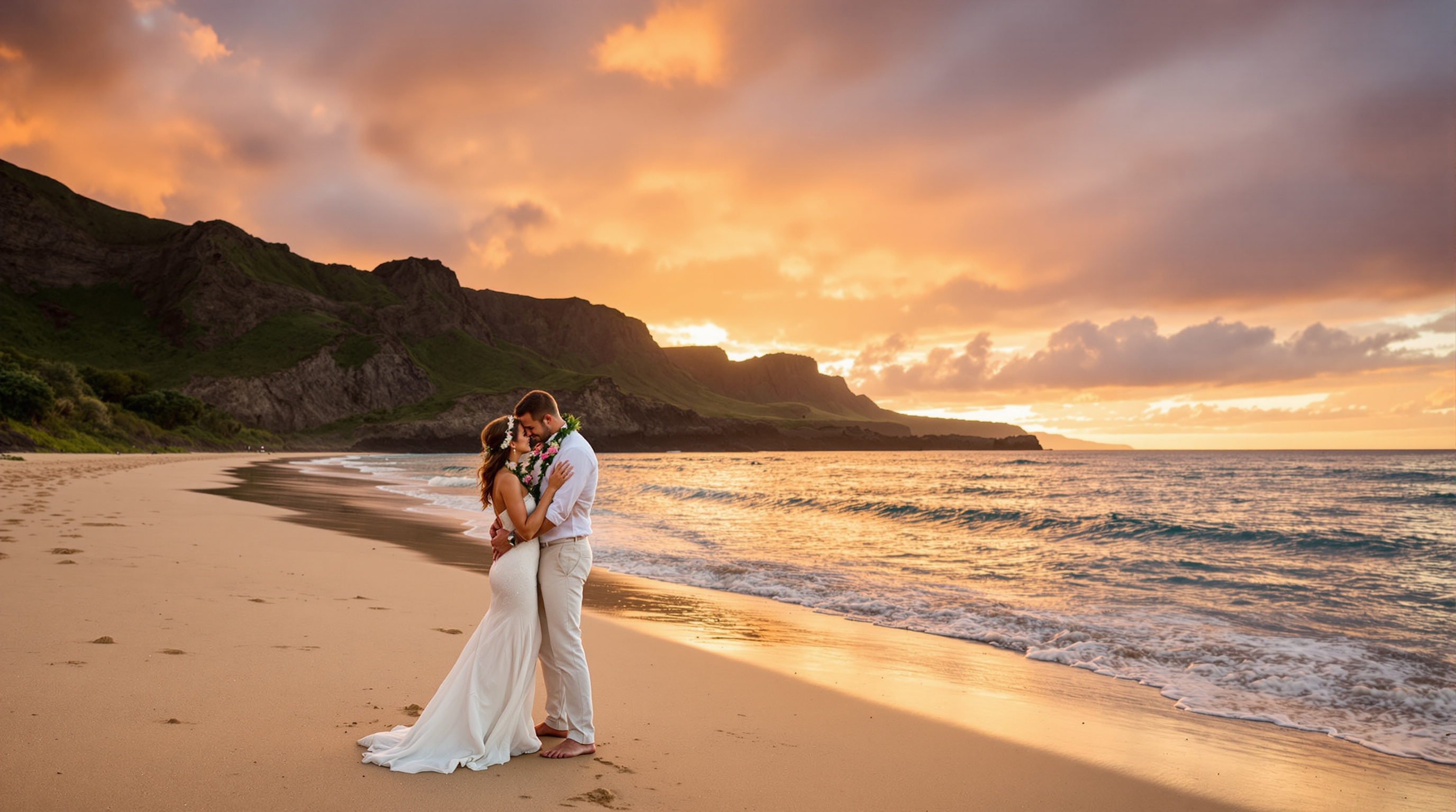 Wedding couple embracing on a Kauai beach at sunset