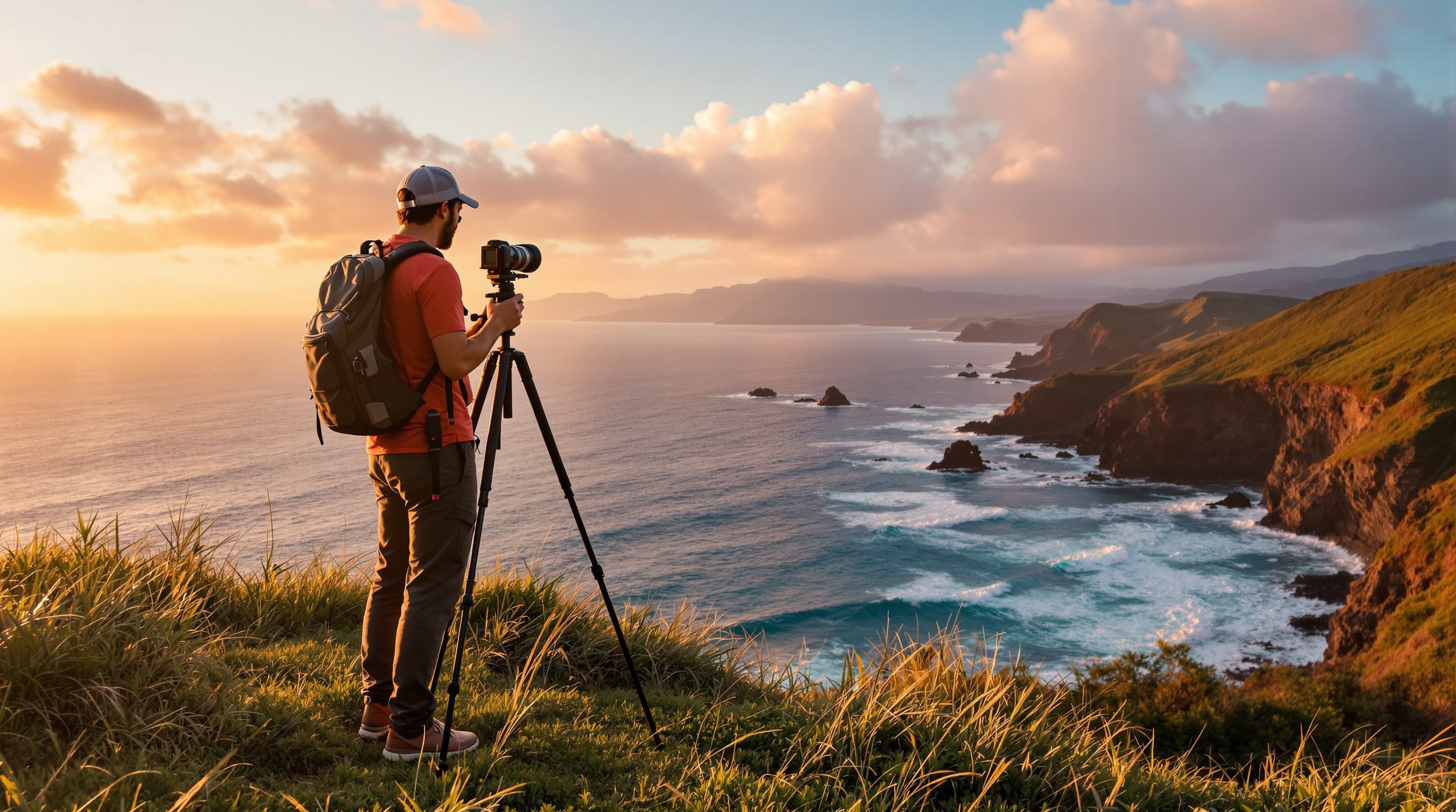 Photographer with tripod on a Kauai coastal bluff at sunrise
